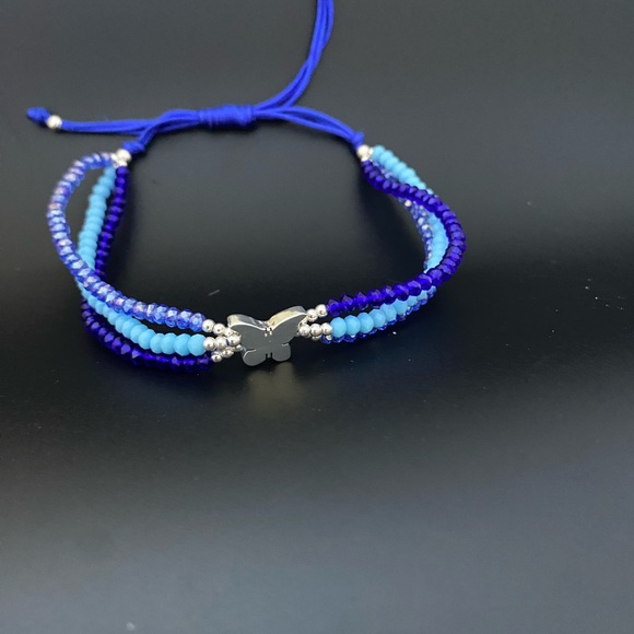 925 Sterling Silver Blue Thread  Butterfly Adjustable Three Layer Bracelet - Picture 10 of 13